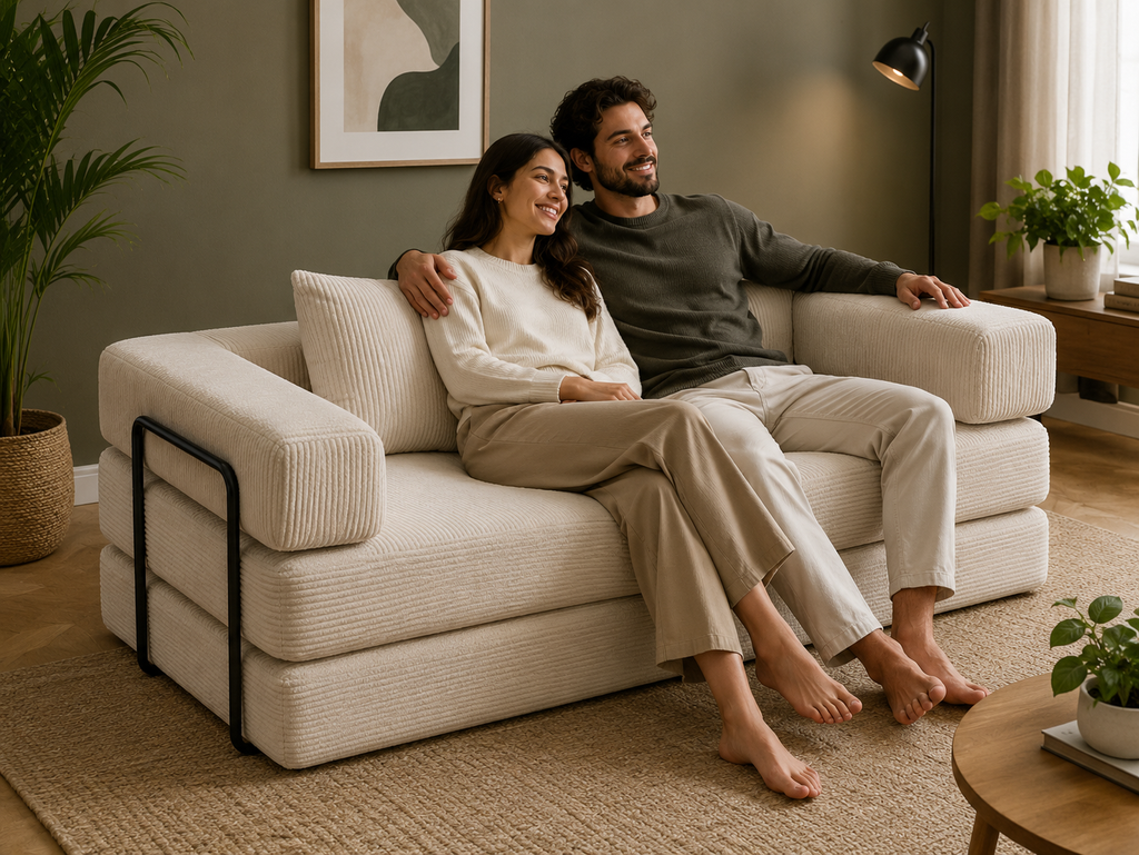 Un couple installé sur le canapé-lit compressé ZESOFA écru dans un salon