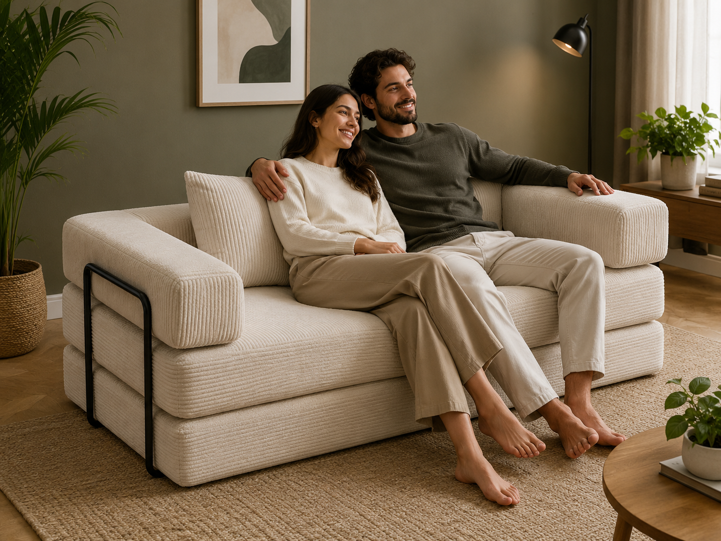 Un couple installé sur le canapé-lit compressé ZESOFA écru dans un salon