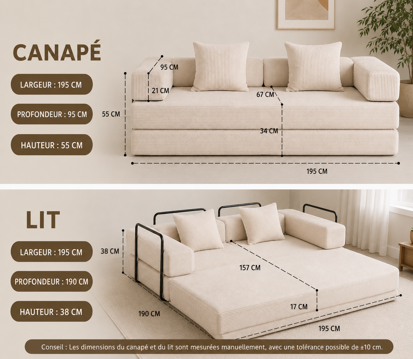 Dimensions du canapé-lit ZESOFA : 195 x 95 x 55 cm en canapé, 195 x 190 x 38 cm en lit