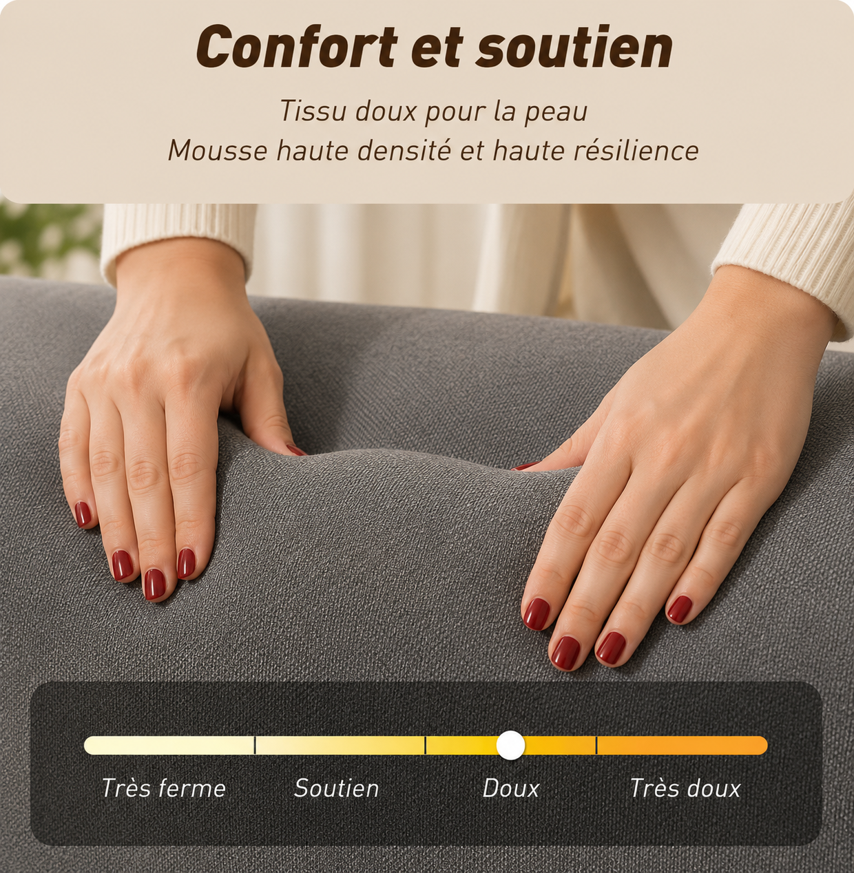 Deux mains pressant l'assise du canapé compressé anthracite ZESOFA — mousse haute densité et haute résilience, confort doux