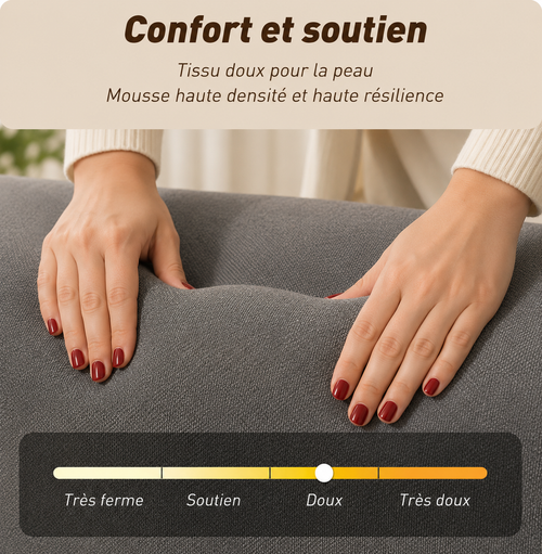 Deux mains pressant l'assise du canapé compressé anthracite ZESOFA — mousse haute densité et haute résilience, confort doux