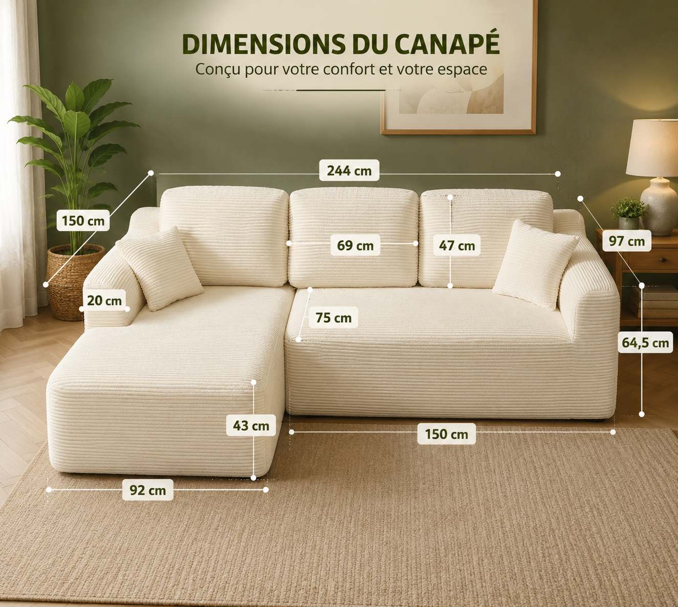 Dimensions du canapé d'angle compressé VASAGLE : 244 cm de largeur totale, 150 cm de profondeur, 97 cm de hauteur, assise à 43 cm du sol
