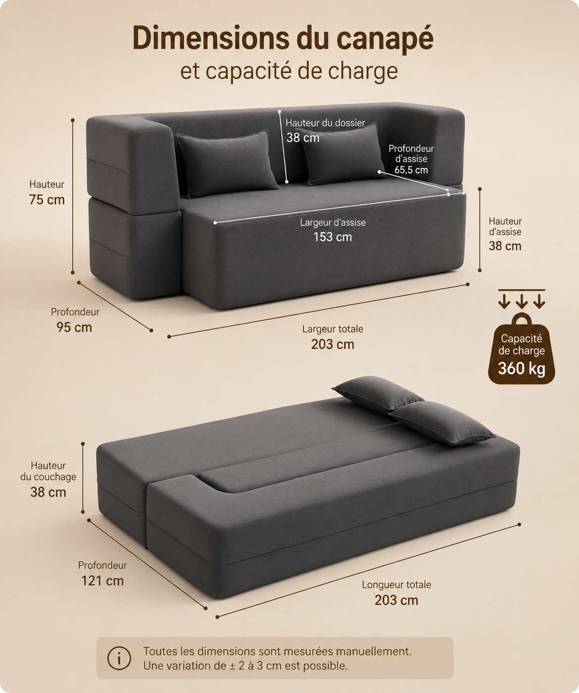 Dimensions du canapé-lit compressé anthracite ZESOFA : 203 x 95 x 75 cm en canapé, couchage 203 x 121 cm, capacité de charge 360 kg
