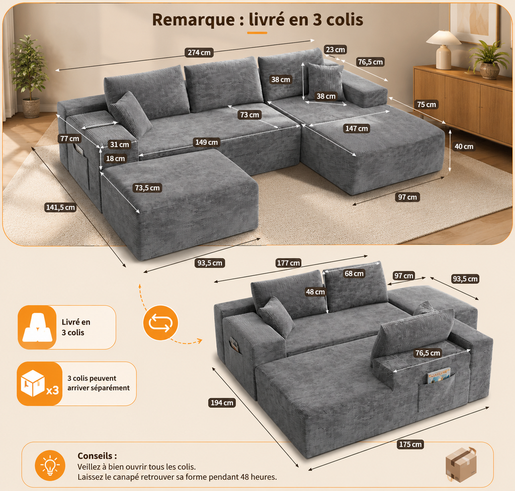 Dimensions du canapé modulable compressé en U : 274 cm de largeur, 141,5 cm de profondeur, 75 cm de hauteur, assise à 40 cm du sol, livré en trois colis