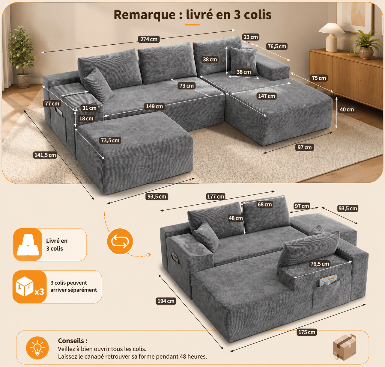 Dimensions du canapé modulable compressé en U : 274 cm de largeur, 141,5 cm de profondeur, 75 cm de hauteur, assise à 40 cm du sol, livré en trois colis